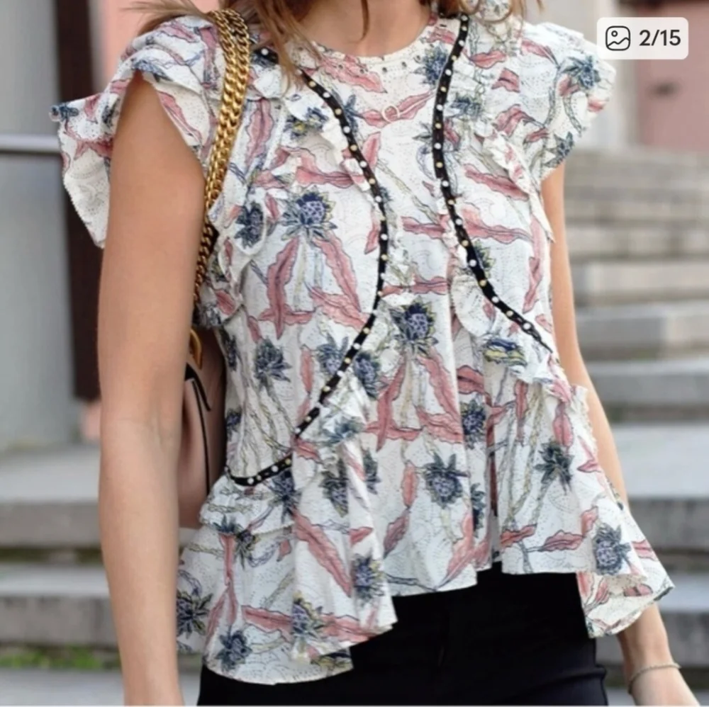 ISABEL MARANT 40 Unice Floral Print Ruffled Top Pink White Black Blouse Ecru - Picture 3 of 16